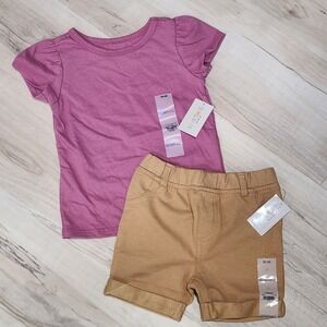 Garanimals Toddler Girls 2T Outfit Set Mauve Puff Sleeve Tee Tan Shorts NWT